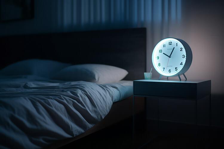 Ein leeres Bett in der Nacht mit einem beleuchteten Wecker auf dem Nachttisch, der Zehn Uhr zeigt. Konzept Schlafstörung.