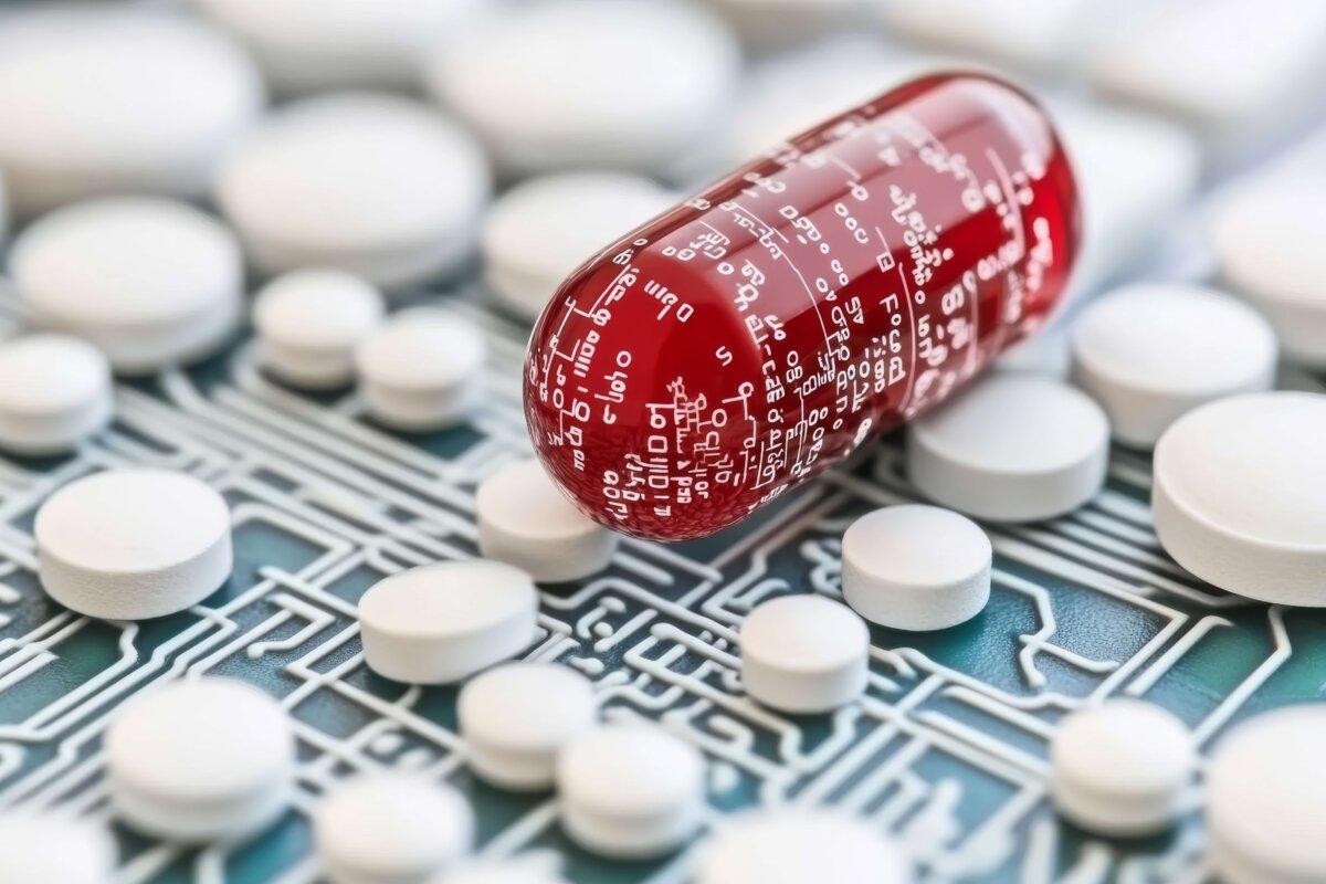 Detailed view of red capsules on a technological background emphasizing the integration of smart solutions in health treatments