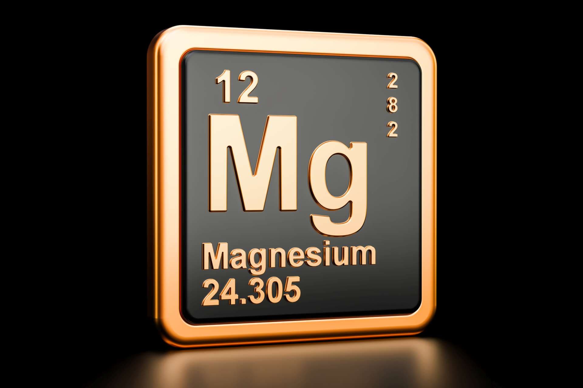 Magnesium, chemisches Element Mg. 3D-Rendering auf schwarzem Hintergrund isoliert