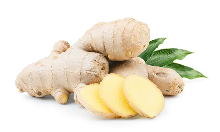 Ginger with leaves isolated on white background as package design element