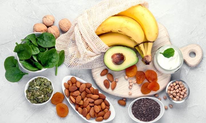 Assortment of products containing magnesium. Healthy diet food. Top view