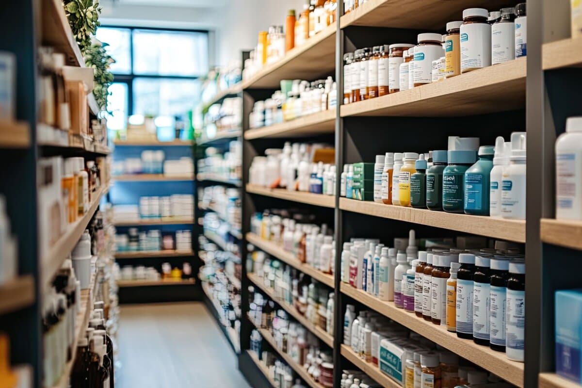 Buntes Regal voller Nahrungsergänzungsmittel